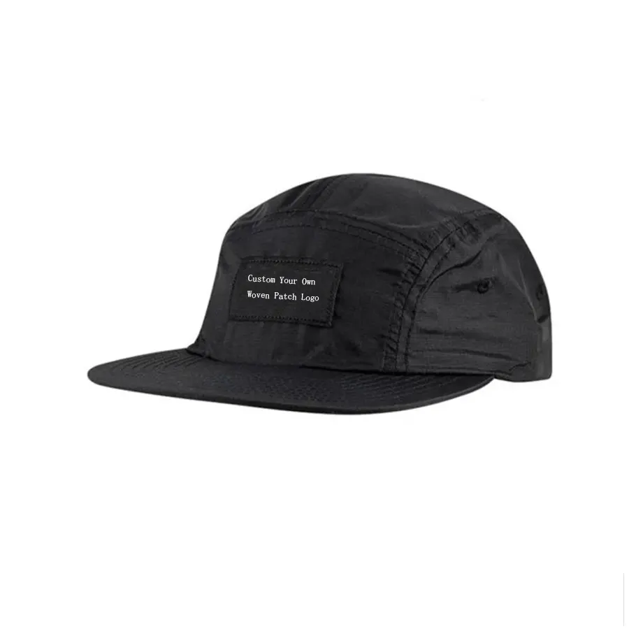 Sombrero de Surf negro personalizado Nylon impermeable Dry Fit 5 Five Panel Sports Running Camp Hat Cap Snapback con logotipo de parche tejido personalizado