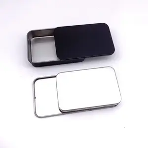 Caja de metal negra rectangular impresa personalizada, caja deslizante de lata para embalaje de regalo de menta 90x60x21