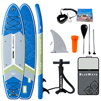 Vente flash : SUP gonflable Drop Stitch 11' x 33" avec pompe, planche à pagaie bleu sauge à motif de feuilles tropicales, pont gris, kit complet tout usage