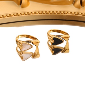 Trendy 18K Gold Plated Stainless Steel Jewelry Personality Wholesale <b>Black</b> White Shell Love Heart Open <b>Rings</b> Jewelry for <b>Women</b> - Product Image 1