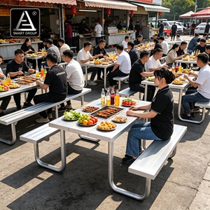 โต๊ะรับประทานอาหารอลูมิเนียมอัจฉริยะสำหรับร้านอาหาร โต๊ะกลางแจ้งพร้อมม้านั่งสำหรับสวน รีสอร์ท แคมป์ปิ้ง และสวนสาธารณะ รุ่น AL-02 อลูมิเนียม - Product Image 1