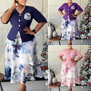 D628 Trendy Summer <strong>Dresses</strong> <strong>Women</strong> Casual Elegant Splice Two-piece Illusion Half Sleeve V-neck Printing Formal <strong>African</strong> <strong>Dresses</strong> - Product Image 2