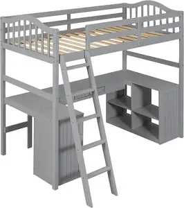 Houten Twin Size Loft Bed Met Bureau Planken Kast En Ladder Hoog Loft Bed Frame W/Vangrail Voor Tieners Volwassenen Slaapkamer