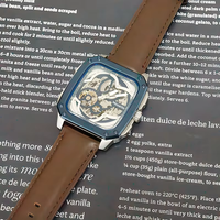 Nouvelle arrivée, montre mécanique squelette, cadran bleu carré, aiguilles lumineuses, bracelet en cuir, montre-bracelet pour homme