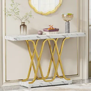 Tribesigns Modern Luxury Narrow Long Wooden Console Table with Geometric Gold Metal Legs for Living Room Entryway Hallway