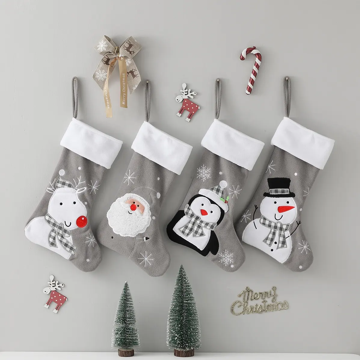 2022 Christmas Stocking Plush Cute Santa Snowman Reindeer Penguin Patterns Grey Sublimation Christmas Stocking In Bulk