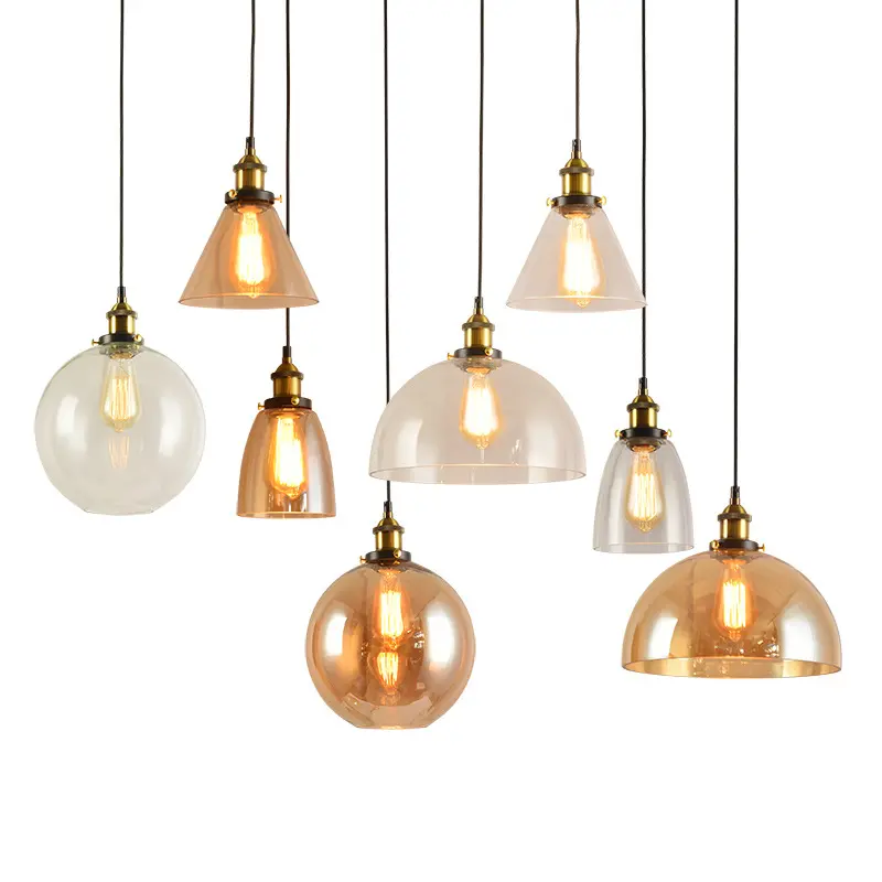 Popular Design Glass Shade Clear Amber Smoky Color Industrial Hanging Lighting LED Vintage Pendant Lamp Used For Restaurant