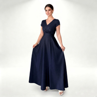 Vestido Maxi Elegante de Satén para Mujer, Corte en A, Cuello en V, con Mangas Cortas y Cintura Natural, Lavable, Romántico, para Otoño/Verano