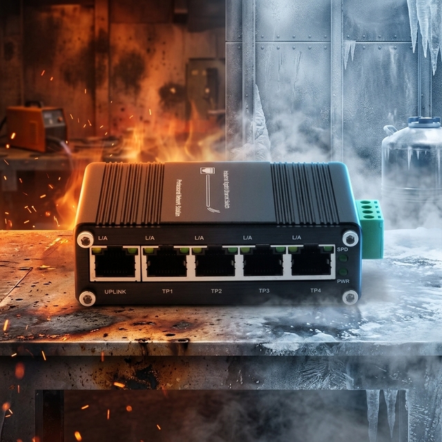 IEEE 802.3af/at 30W PoE+ Mini Industrial 5 Ports Gigabit Fiber Media Converter 10Gbps Switch Supports DIN-Rail Installation