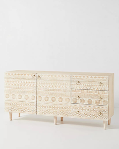 Buffet rustique de luxe à 2 portes et 3 tiroirs en bois massif de style antique sculpté bohème vintage pour salle à manger salon - Product Image 3