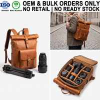 Custom OEM Navy Brown Full Grain Cowhide Camera Backpack Laptop Compartment Professional Leather Camera Bag Backpack for CA