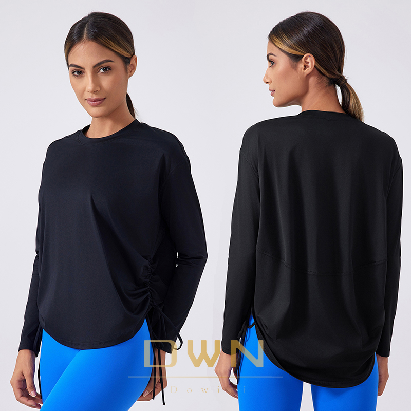 New Style with Adjustable Drawstring on Both Sides Casual Loose Sports Fitness Yoga Long Sleeve Women Top T Shirts