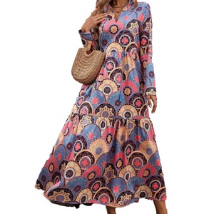 Robe mi-longue décontractée et élégante pour femme, col carré sexy, imprimé tendance, manches longues, taille naturelle, couleur unie, vente en gros sur mesure de haute qualité - Product Image 1