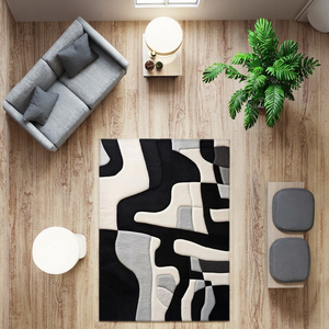 Ensemble rectangulaire de tapis en laine tufté à la main de style moderne noir et blanc abstrait à poils hauts pour un usage domestique - Product Image 5