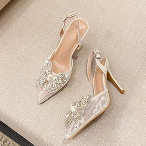 รองเท้าส้นสูงสตรีแบบส้นเข็ม ปลายแหลม ประดับเพชรด้านหน้า สายรัดข้อเท้าแบบสลิงแบ็ค พร้อมเชือกผูกด้านหลัง - Product Image 6