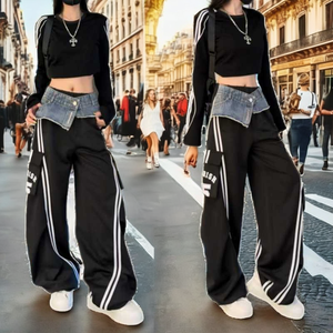 Salopette en jean droite taille mi-haute pour femme, style streetwear, rayée, multi-poches, jambe large, décontractée, écologique, été automne, 320g - Product Image 2