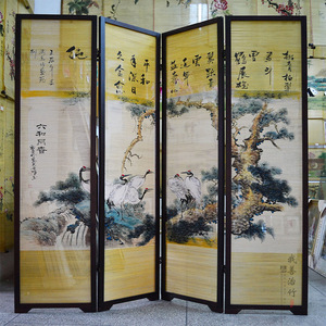 Bamboo Silk Printed Folding Screen Khaki Color Foldable Chinese Style Room Divider For Living Room Export - Product Image 1