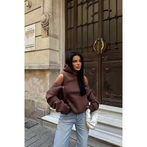 Sudadera con capucha marrón de alta calidad para mujer, con cremallera, estilo streetwear, bordado de letras de hip hop, pedrería, aberturas, abrigo de invierno - Product Image 2