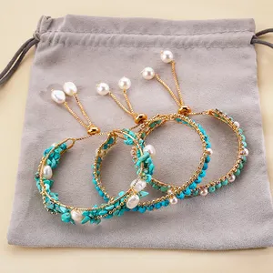 Copper Pearl Accessories Turquoise Handmade Adjustable Friendship Jewelry Natural Stone Bracelet Set For Women