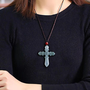 หยกธรรมชาติสีน้ำเงินหยกครอส จี้หยก UNISEX ศาสนาคริสต์ ดีไซน์ดั้งเดิม แกะสลัก ของขวัญ พร้อมใบรับรอง HJ80 - Product Image 4
