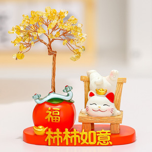 Figurine de chat porte-bonheur en résine avec arbre en cristal, décoration de bureau, cadeau du Nouvel An chinois avec arbre à monnaie et impression en relief artisanale - Product Image 3