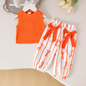 Ensemble de veste et de pantalon décontracté pour filles, orange et bleu, tissu polyester/coton, respirant, motif uni - Product Image 1