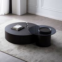 Table basse ronde contemporaine en pin avec plateau en verre trempé et tiroir de rangement pour ensemble de meubles de salon