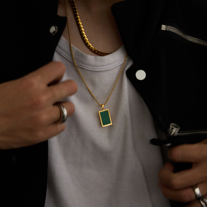 Perhiasan Pria 18k liontin Malachite hijau kotak baja tahan karat emas kalung pria - Product Image 3