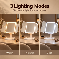 Cermin Rias LED Lipat Tiga dengan Perbesaran 1X 2X 3X, 3 Warna Lampu, Peredupan Sentuh, Cermin Meja Rias