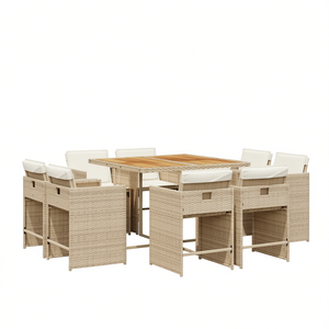 Set da pranzo da giardino in polyrattan beige da 9 pezzi con cuscini, mobili da esterno - Product Image 1