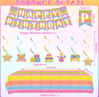 Assiettes, gobelets, serviettes, nappes, pailles, bannières, guirlandes, décorations de gâteau, ballons et fournitures pour fête d'anniversaire arc-en-ciel pastel
