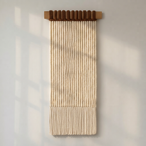 Decoración Bohemia Rectangular de Madera Hecha a Mano para Colgar en la Pared con Flecos de Borlas en Colores Naturales por Curio Craft - Product Image 1