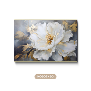 Peinture sur soie de luxe, fleur de pivoine, art mural, décoration intérieure, tissu en soie fait main, design or et blanc, Vietnam OEM ODM, modèle H0302-30 - Product Image 1