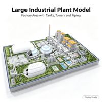 Modèle de présentation d'usine industrielle de grande envergure, bâtiments d'usine, dômes, réservoirs de stockage, tours, unités orange, tuyauterie bleue, conception de modèle 3D, hôtel