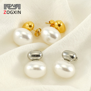 Zogxin Pearl <b>Stud</b> Earrings 18K Gold And Steel Color <b>Titanium</b> Steel For Everyday Wear - Product Image 1