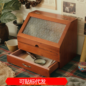 <b>Solid</b> <b>Wood</b> Retro Cosmetic Storage Box With Glass Lid <b>Desk</b> Organizer For Journal Display Cabinet - Product Image 5