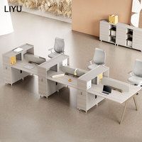 Escritorio Modular LIYU para 4 Personas con Separación Curva, Almacenamiento Central, Superficie de Madera y Pantalla de Tela