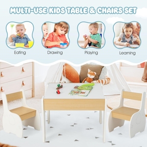 Set Tavolo e Sedie 3 in 1 per <span class=keywords><strong>Bambini</strong></span>, Tavolo in <span class=keywords><strong>Legno</strong></span> con Piano Rimovibile, Lavagna e Vano Portaoggetti per Giochi e Disegno - Product Image 2