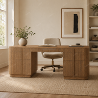 Bureau d'écriture long en chêne naturel de qualité supérieure, design moderne et minimaliste, coins arrondis, double piétement, bureau artisanal pour la maison, le bureau ou l'étude
