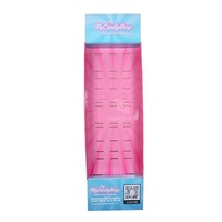 Présentoir de sol en carton rose moderne et écologique, personnalisé, avec crochets et étagères en forme d'aile, en carton ondulé, pour bandes de bonbons acidulés