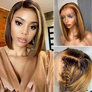 <span class=keywords><strong>Cabello</strong></span> Humano Remy 100% Virgen Modelo P4/27 #   Pelucas <span class=keywords><strong>de</strong></span> encaje frontal estilo bob recto, color piano dorado, 12 pulgadas, encaje HD transparente 13x4 - Product Image 3