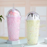 Tasse à jus portable réutilisable en plastique double couche avec couvercles et paille Conception créative Boisson directe pour adultes