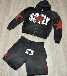 Custom 2 Piece Sweatsuit Track Short Set Summer Distressing Embroidery Tracksuit Zip Up Hoodie And Shorts Jacket Sets Men