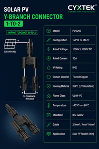 Câble adaptateur de raccordement en Y pour panneau solaire 1 vers 2, mâle-femelle, 30A, IP67, 1000V/1500V CC, âme en cuivre - Product Image 3
