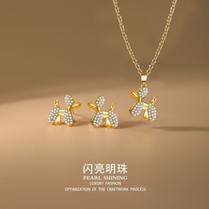 Parure de bijoux pour chiot en perles scintillantes, en alliage de zinc avec incrustation de zircone, design de dessin animé, cadeau, bijoux de mode, collier et boucles d'oreilles - Product Image 1