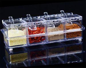 Vente en gros de boîtes à assaisonnements de cuisine avec cuillère poivrière en plastique transparent à quatre grilles pot de stockage d'épices - Product Image 4