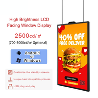 Écran LCD 4K de 65 pouces noir à luminosité élevée (2500 nits) pour affichage publicitaire, avec lecteur multimédia Android intégré, à suspendre en fenêtre