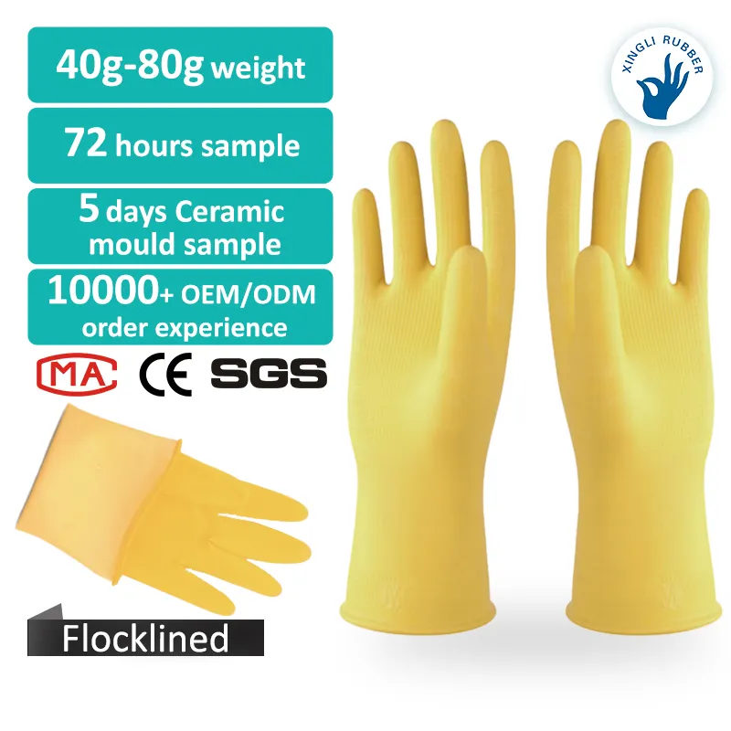 30cm 45g amarillo colorido flocado forrado lavado de platos guantes de goma hogar mujeres seguridad guantes de goma para la cocina