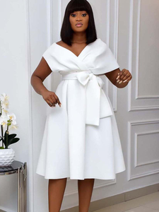 Nouvelle <span class=keywords><strong>robe</strong></span> élégante pour femmes, manches courtes, col en V, sexy, satinée, unie, grande taille, ceinture, épaule, <span class=keywords><strong>robe</strong></span> élégante, style A, grande ampleur, décontractée - Product Image 5