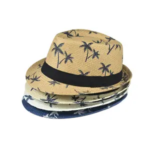 WDD360 Summer Coconut Tree Pattern Jazz Cap Trilby Panama Straw Beach Sun Hat Short Brim Straw Fedora Hats For Men